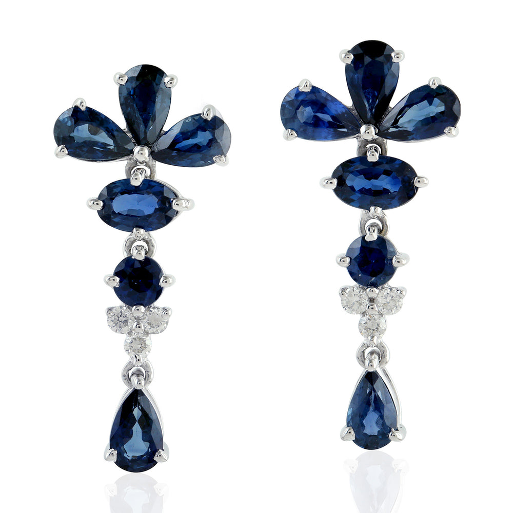 Pear Cut Blue Sapphire Prong Set Diamond Dangle Earrings In 18K White Gold
