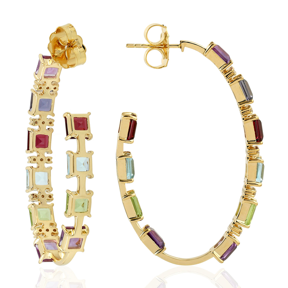 Square Cut Amethyst Peridot Multi Gemstone Pave Diamond Beautiful Long Hoop In Gold