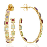 Square Cut Amethyst Peridot Multi Gemstone Pave Diamond Beautiful Long Hoop In Gold