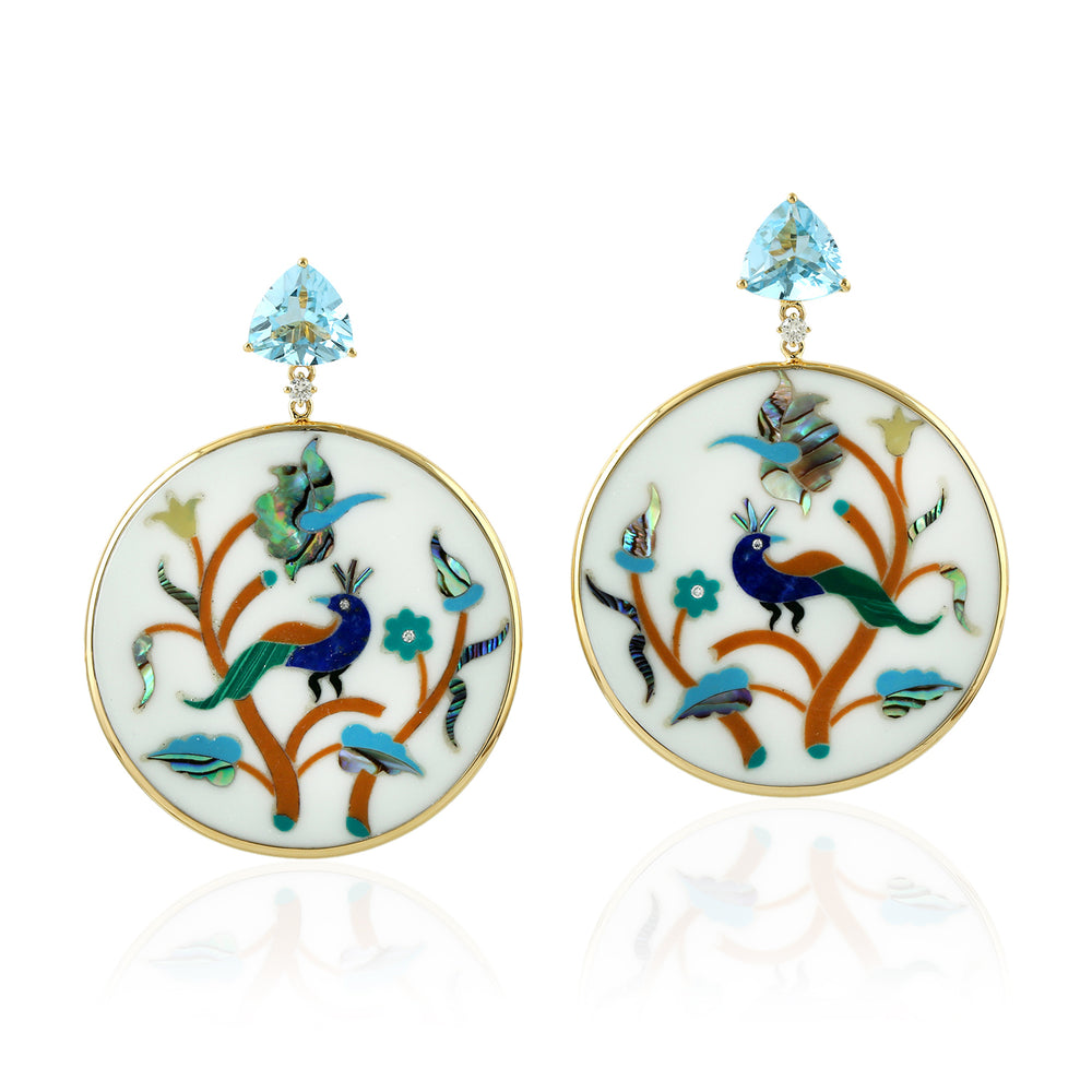 Picture Bakelite Prong Set Blue Topaz Diamond Peacock Design Dangler In Gold