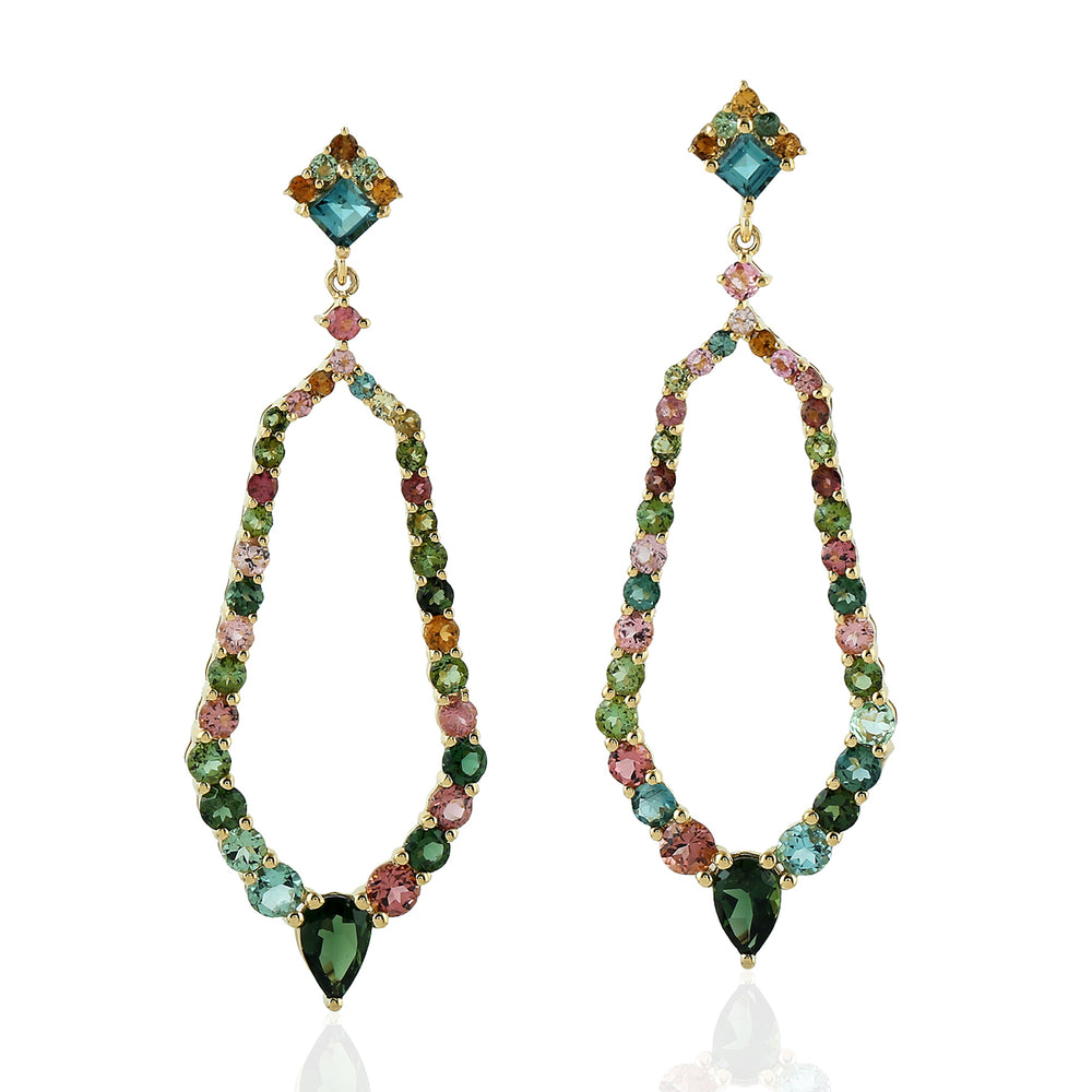 Multicolor Tourmaline Gemstone Designer Dangle Earrings In 18K Yellow  Gold