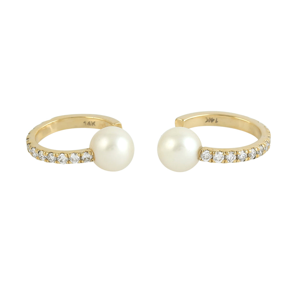 Natural Pearl Pave Diamond Plain Half Drill Ball Huggies Earrings Gifts In 14K Gold