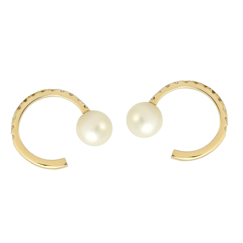 Natural Pearl Pave Diamond Plain Half Drill Ball Huggies Earrings Gifts In 14K Gold