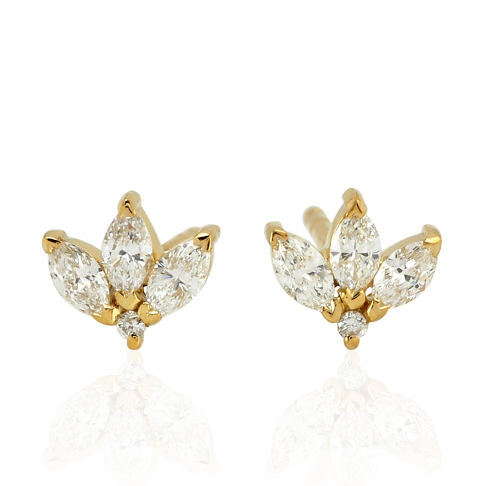Marquise Shape Rose Cut Diamond Three Stone Earrings In 14K Yellow Gold