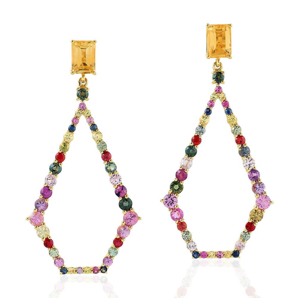 Baguette Cut Citrine Prong Set Multi Sapphire Gemstone Beautiful Dangler In Gold