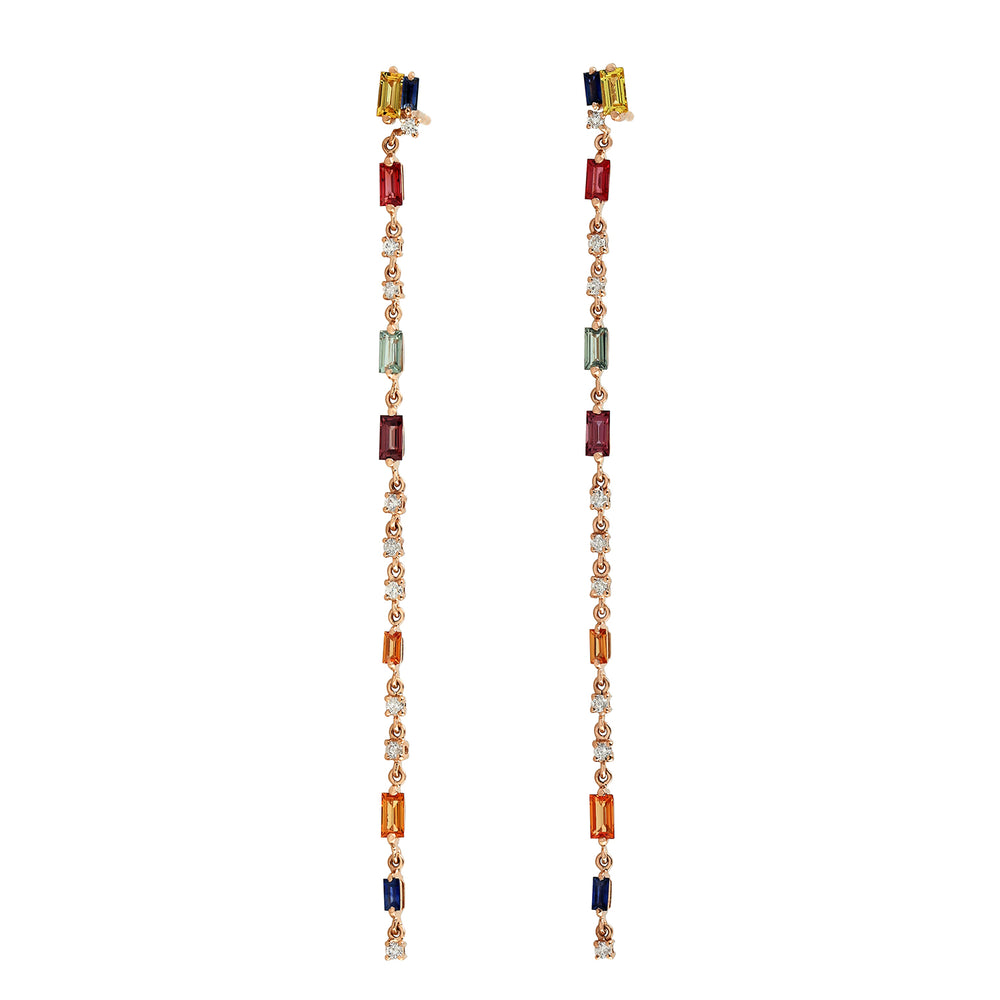 Baguette Cut Multicolor Sapphire Prong Set Diamond Dangler Earrings In Rose Gold
