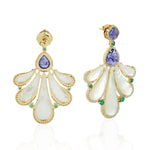 Pear Cut MOP Oval Tanzanite Emerald Pave Diamond Wedding Danglers In 18k Yellow Gold