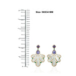 Pear Cut MOP Oval Tanzanite Emerald Pave Diamond Wedding Danglers In 18k Yellow Gold