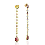 Pear Cut Rhodolite Bezel Set Amethyst Pave Diamond Long Dangler In Yellow Gold