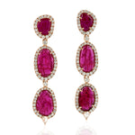 Natural Ruby Pave Diamond Solid 18k Rose Gold Precious Gem Danglers For Her