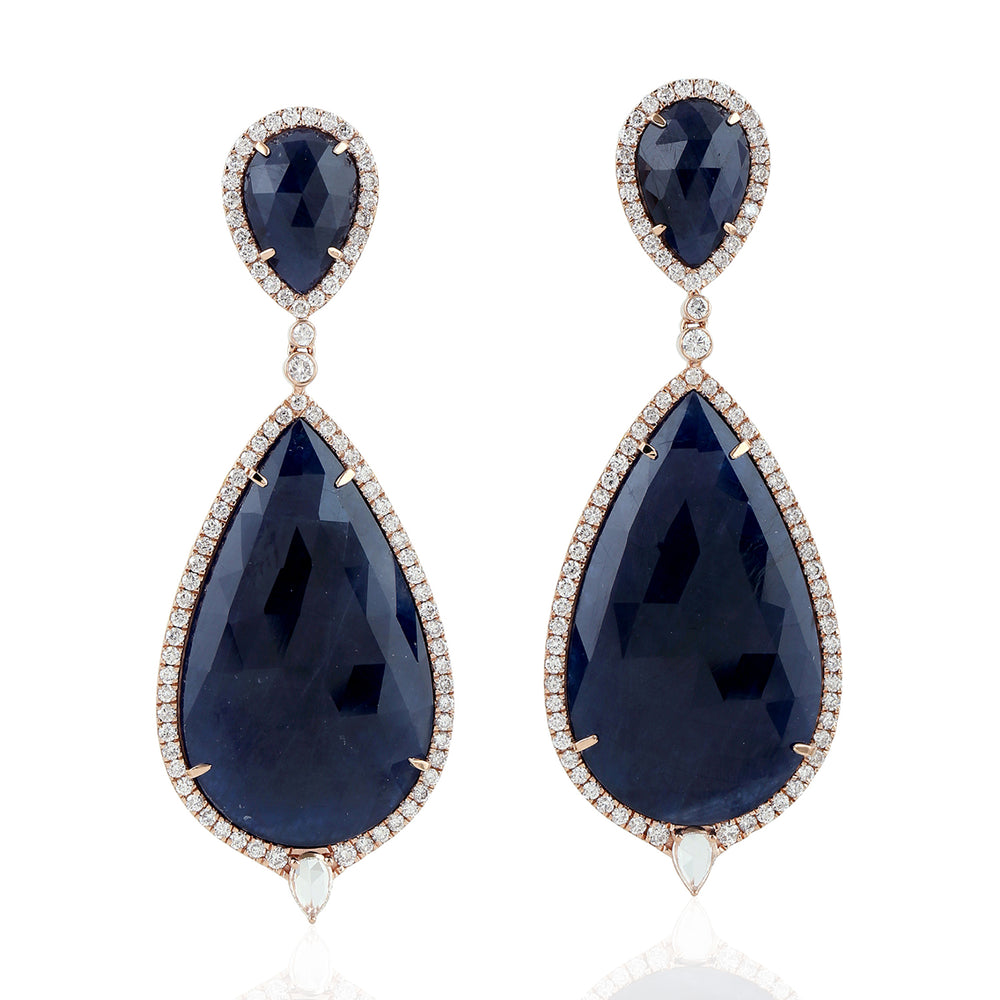 Natural Gemstone Blue Sapphire Tear Drop Danglers 18k White Gold Handmade Jewelry