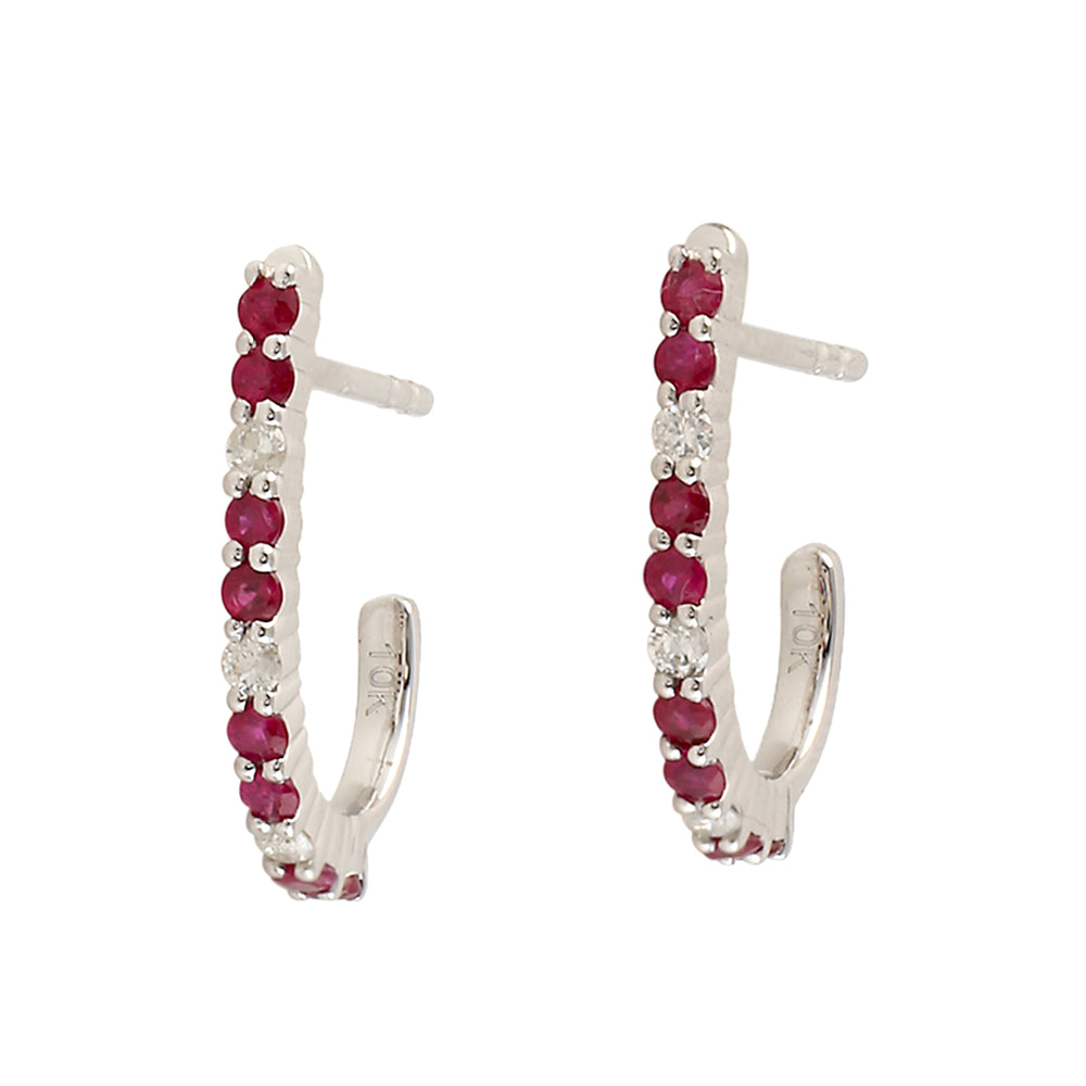 10K White Gold Prong Ruby Pave Diamond Hoop Style Stud Earrings For Her