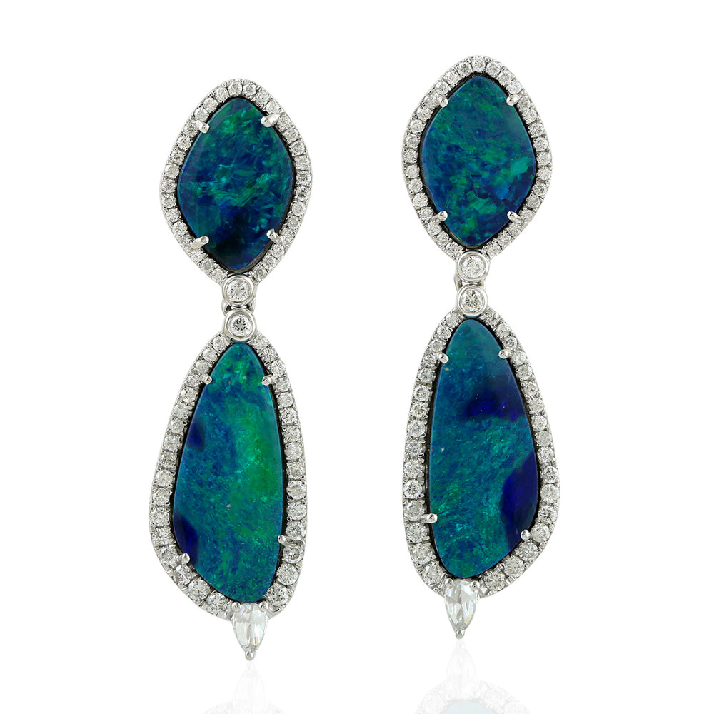 Natural Pave Diamond Opal Doublet Beautiful Danglers In 18k Solid Gold For Women