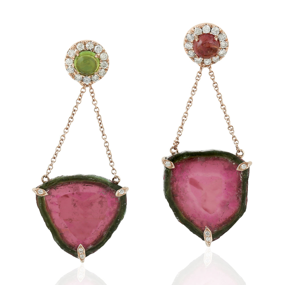 Tourmaline Melon Diamond Mismatch Danglers In 18k Gold