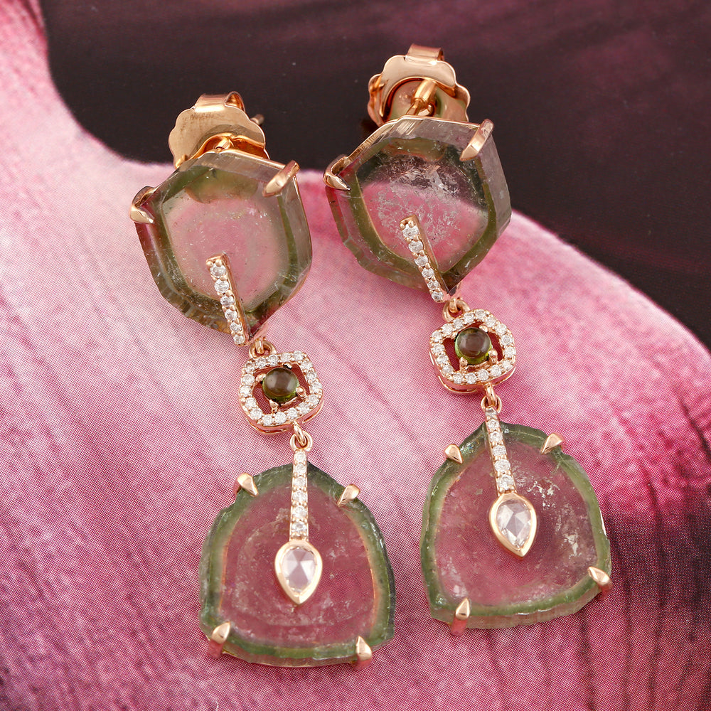 Watermelon Tourmaline Diamond Dangle Earrings 18k Yellow Gold Jewelry