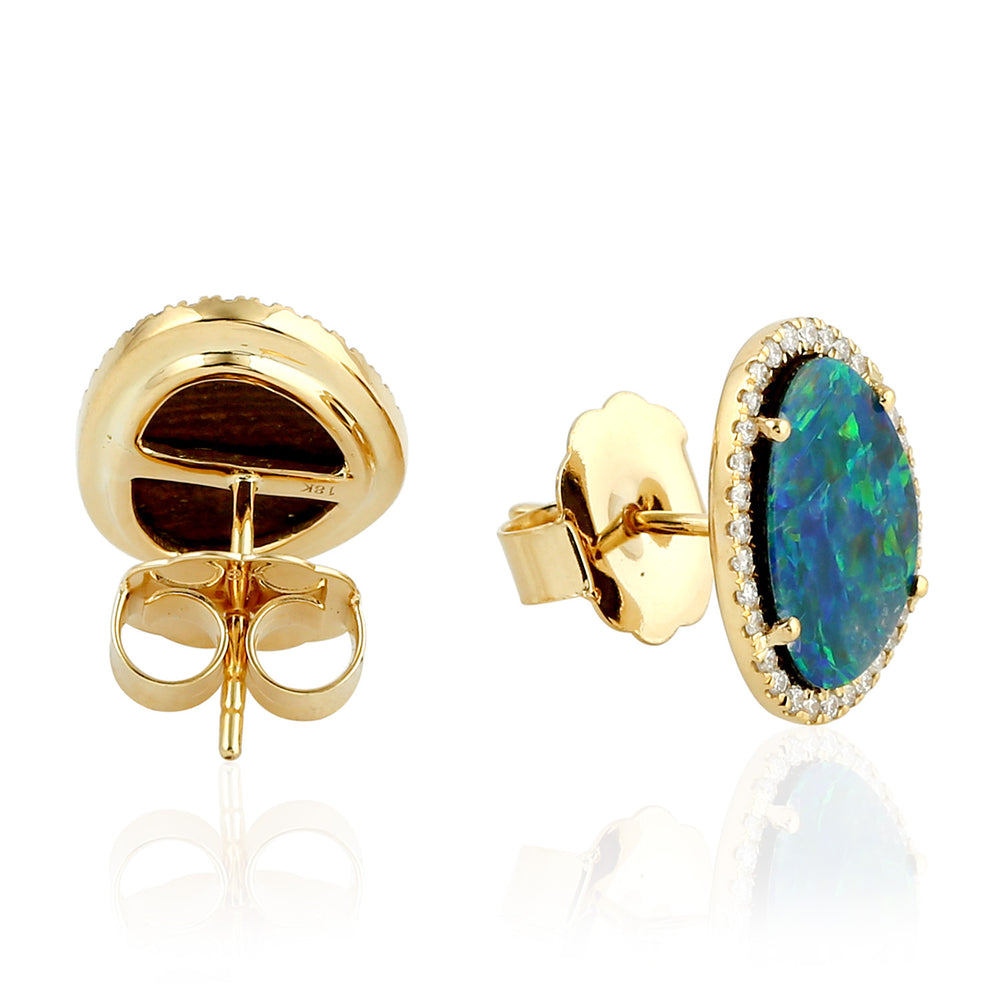 Cabouchon Opal Doublet Micro Pave Diamond Stud 18K Yellow Gold For Women's