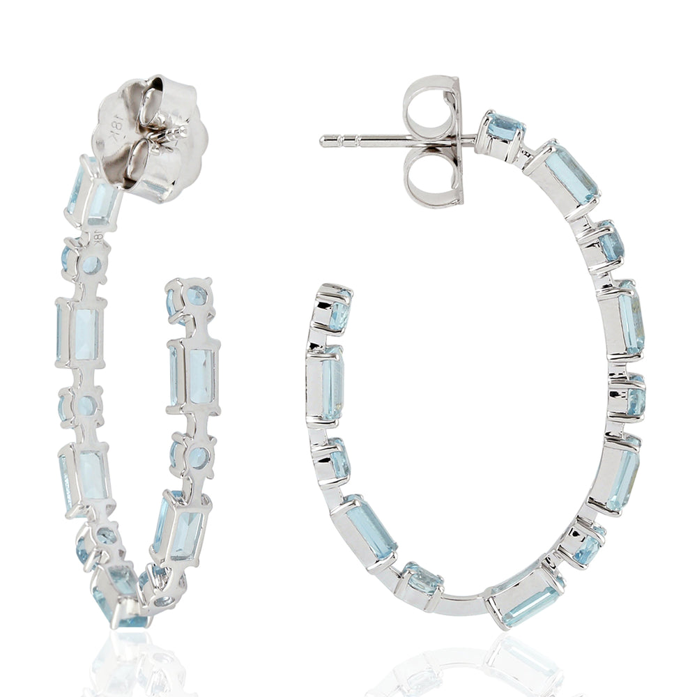 Baguette Round Aquamarine Gemstone Wedding Long Hoop Earrings In White Gold