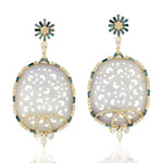 Baguette Blue Sapphire Carving Jade Both Side Pave Diamond 18K Yellow Gold Earrings