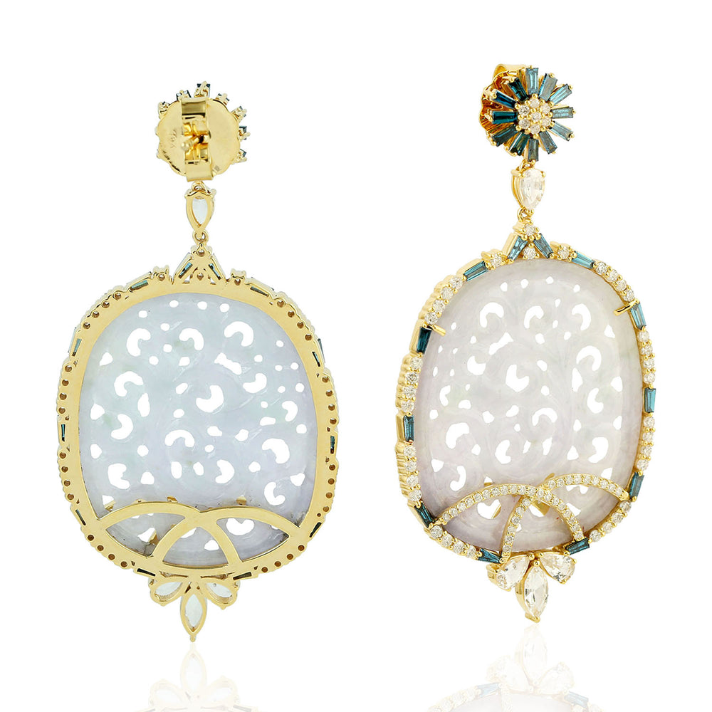 Baguette Blue Sapphire Carving Jade Both Side Pave Diamond 18K Yellow Gold Earrings