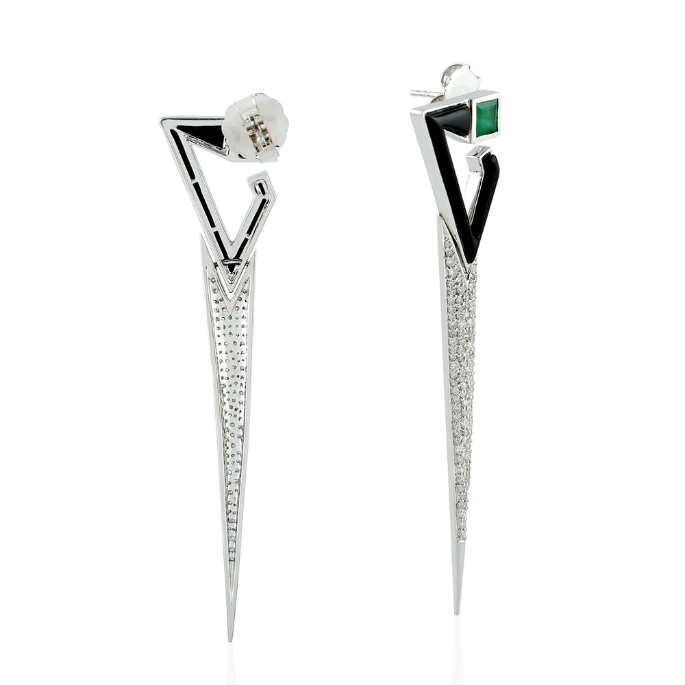 Micro Pave Diamond Onyx Emerald Long Chandelier Earrings In White Gold