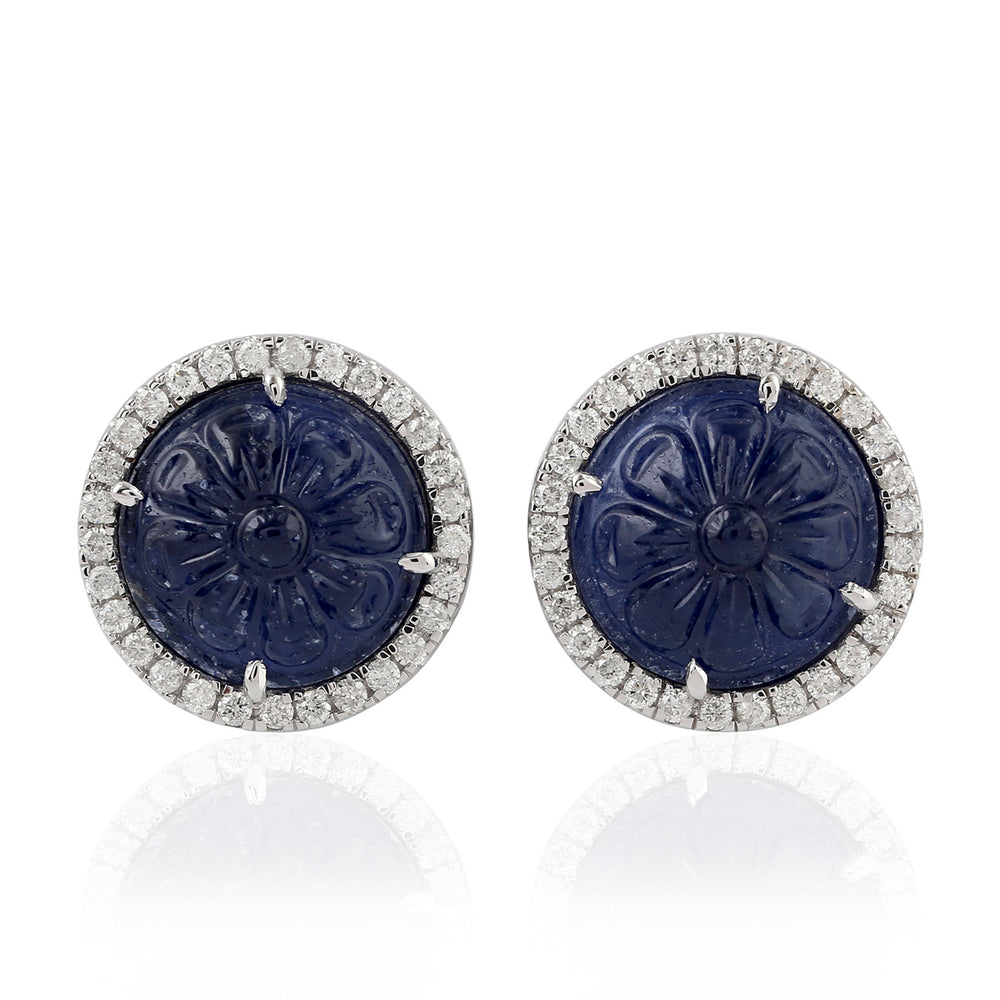 Carved Blue Sapphire Pave Diamond Stud Earrings 18k White Gold Ear Jewelry For Women