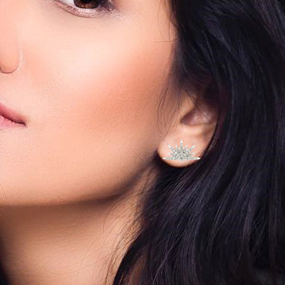 Micro Pave Diamond Half Starburst Stud Earrings In 18K White Gold