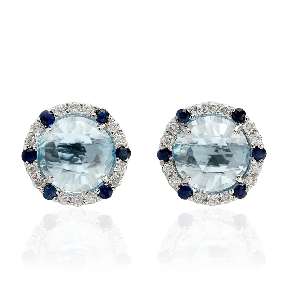 Faceted Blue Topaz Sapphire Diamond 18k White Gold Halo Stud Earrings For Her