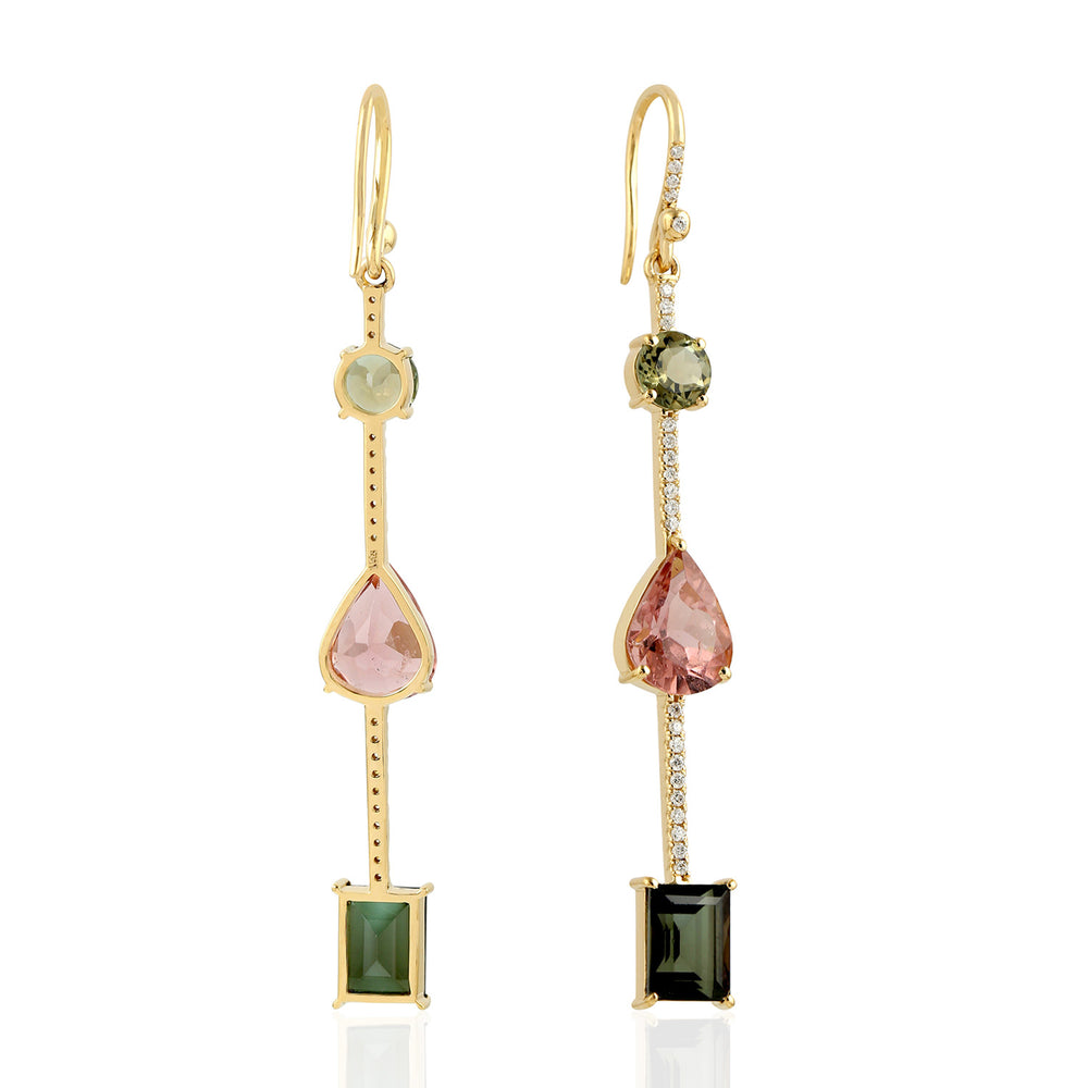 Pear Cut Tourmaline Diamond 18k Yellow Gold Hook Mismatch Danglers For Gift