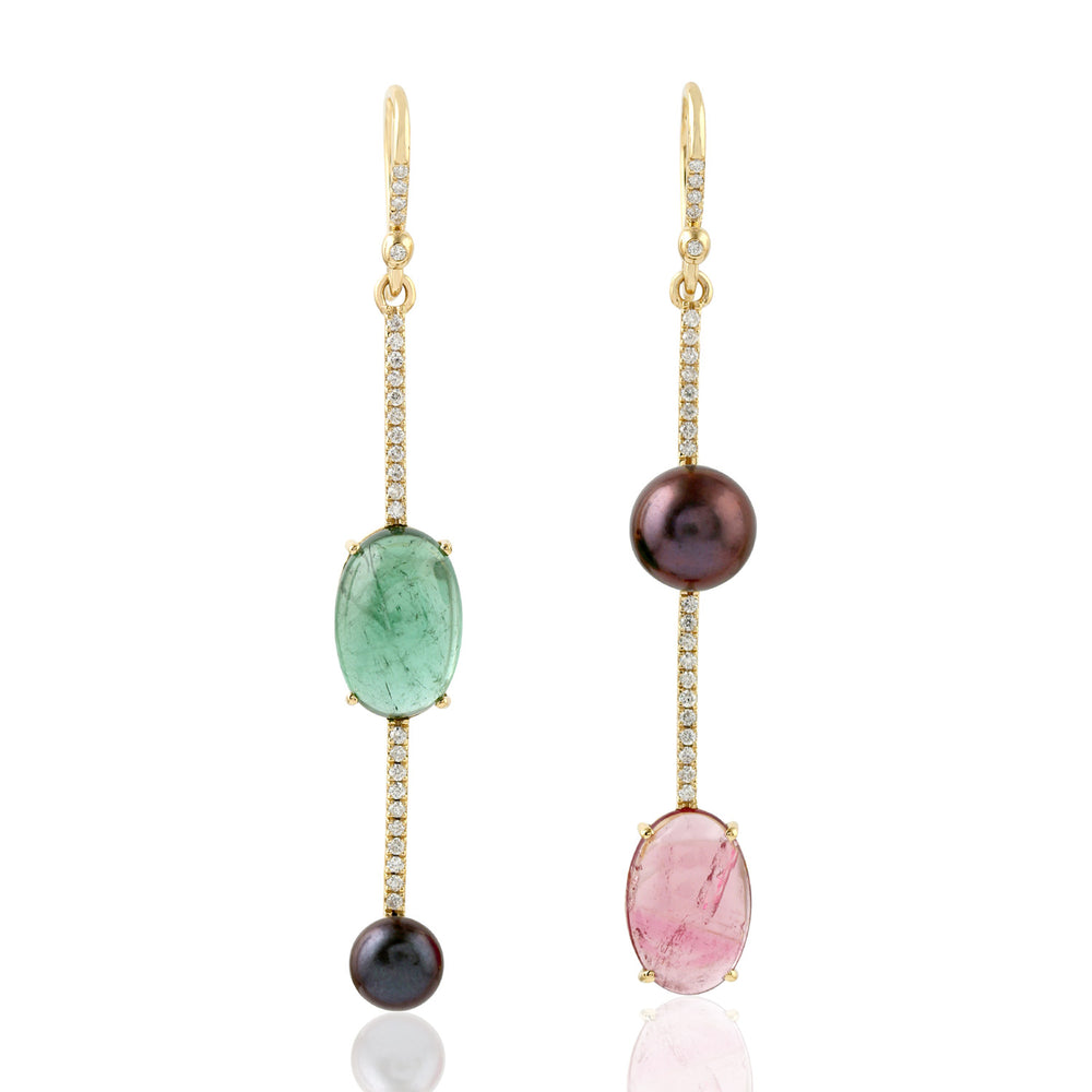 Natural Pearl Tourmaline Pave Diamond Beautiful Mismatch Hook Danglers In 18k Yellow Gold