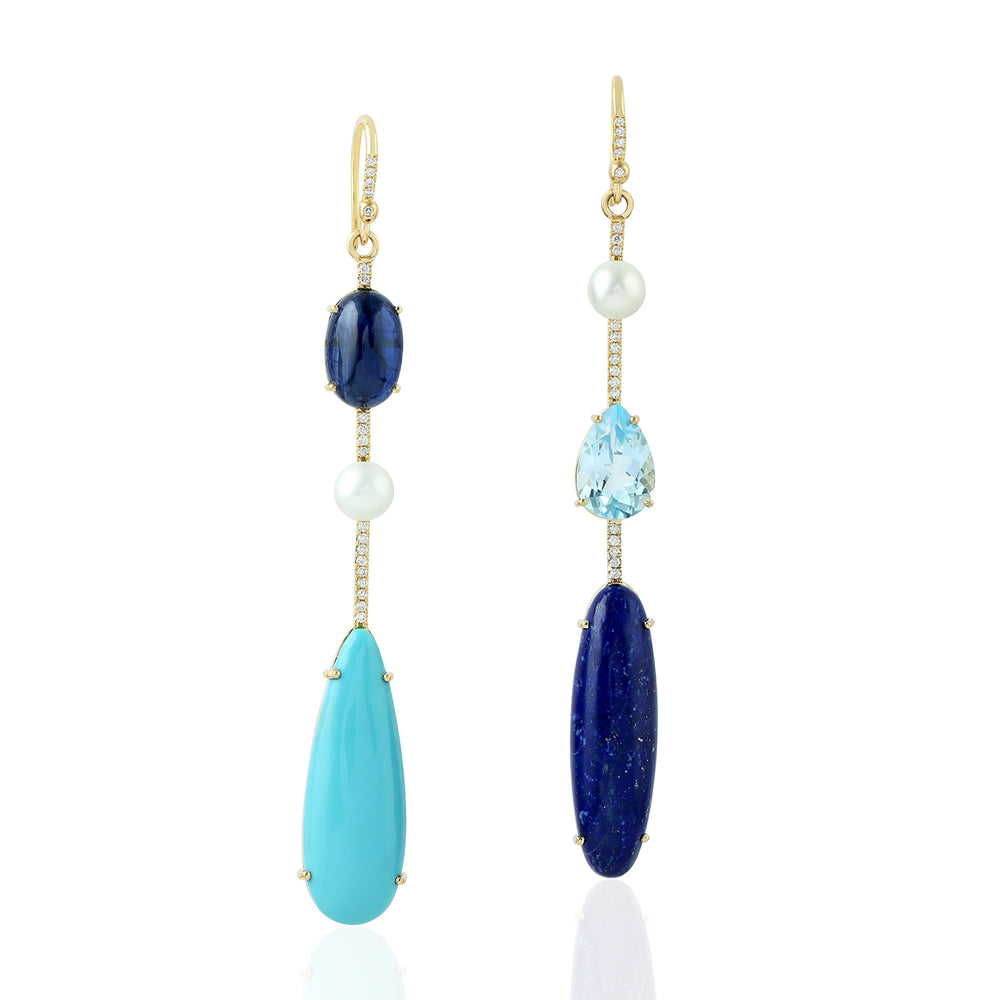 Cabochon Kynaite Turquoise Lapis Mismatch 18k Yellow Gold Diamond Hook Danglers For Her