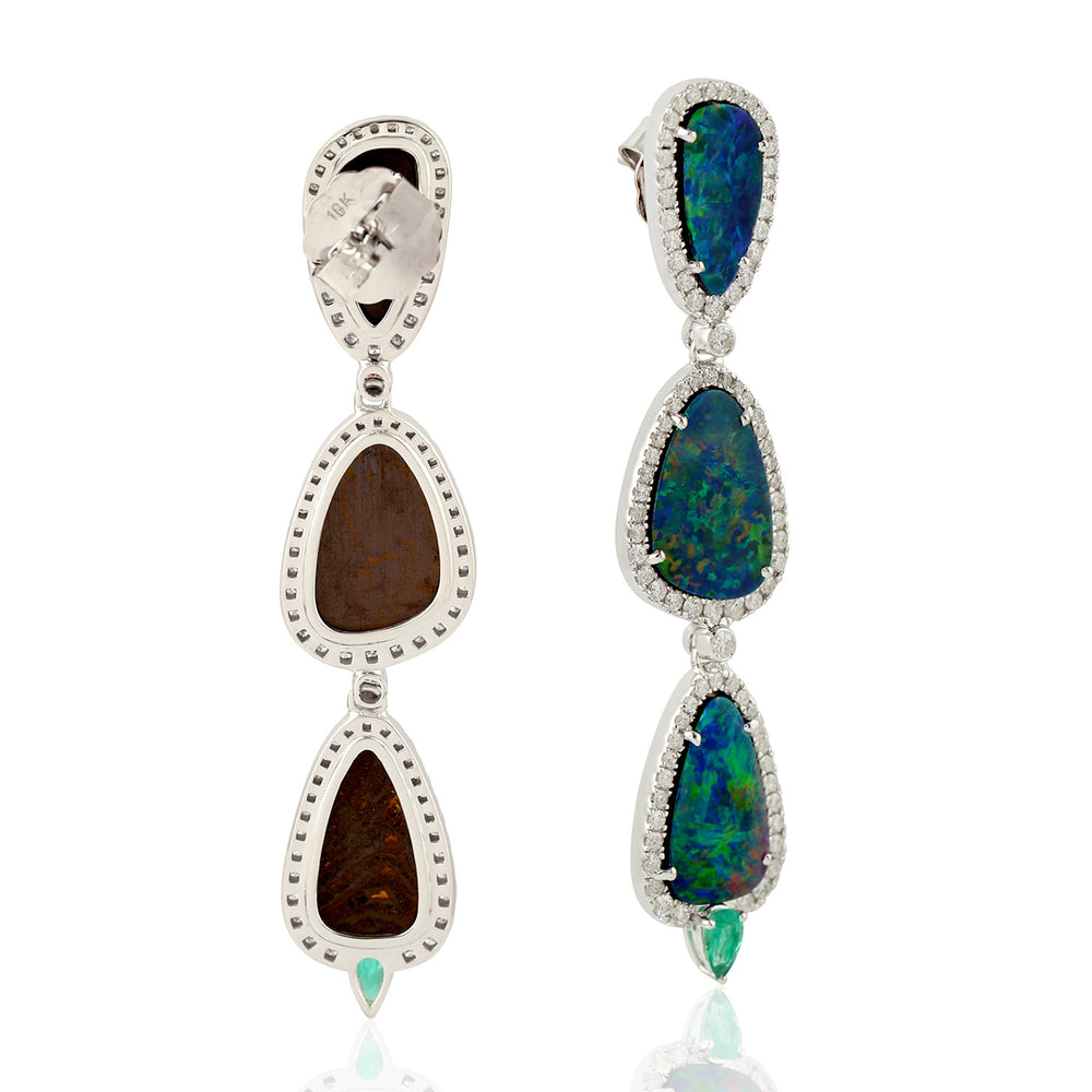 Micro Pave Diamond Emerald Opal Doublet Solid White Gold Drop Danglers For Women Jewelry