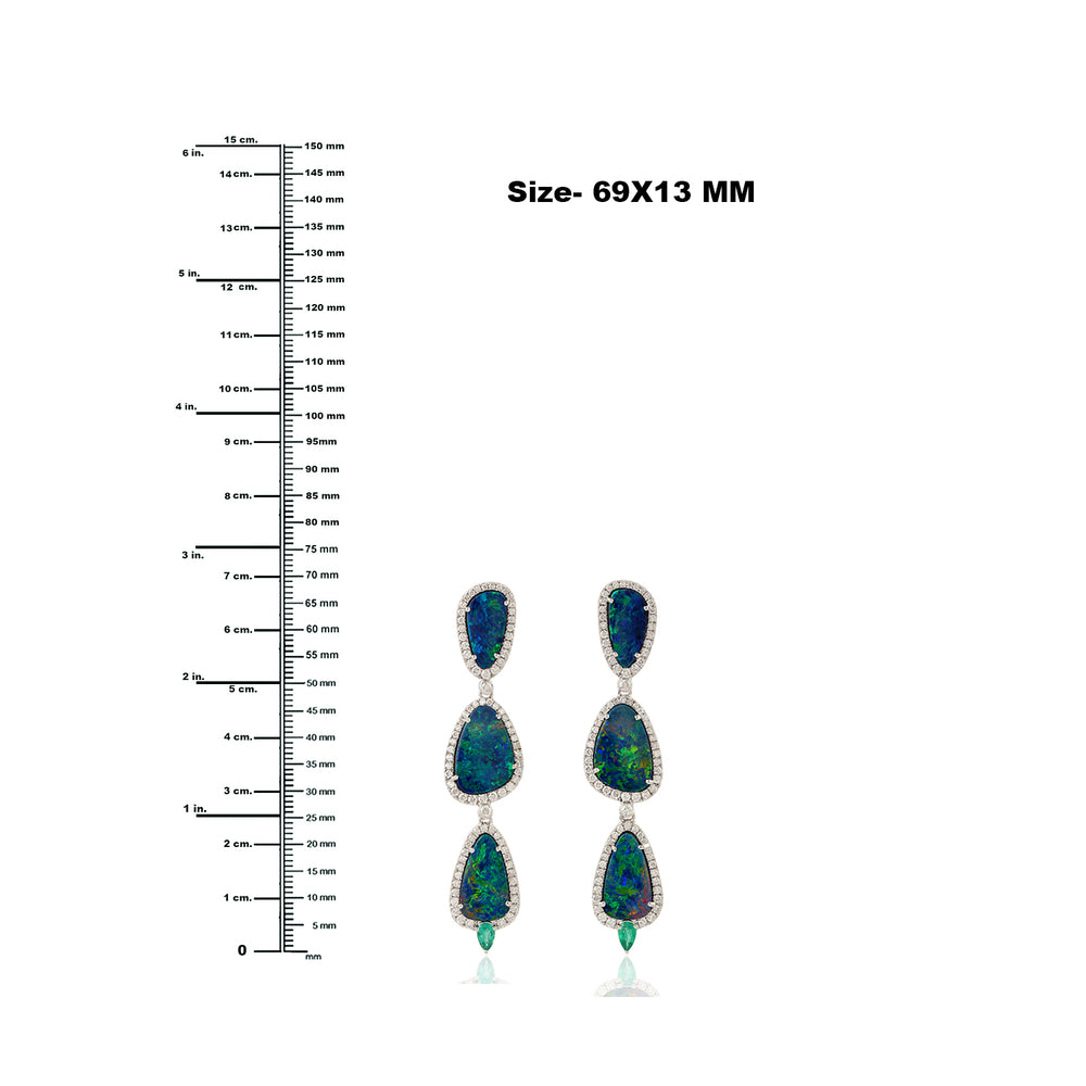 Micro Pave Diamond Emerald Opal Doublet Solid White Gold Drop Danglers For Women Jewelry