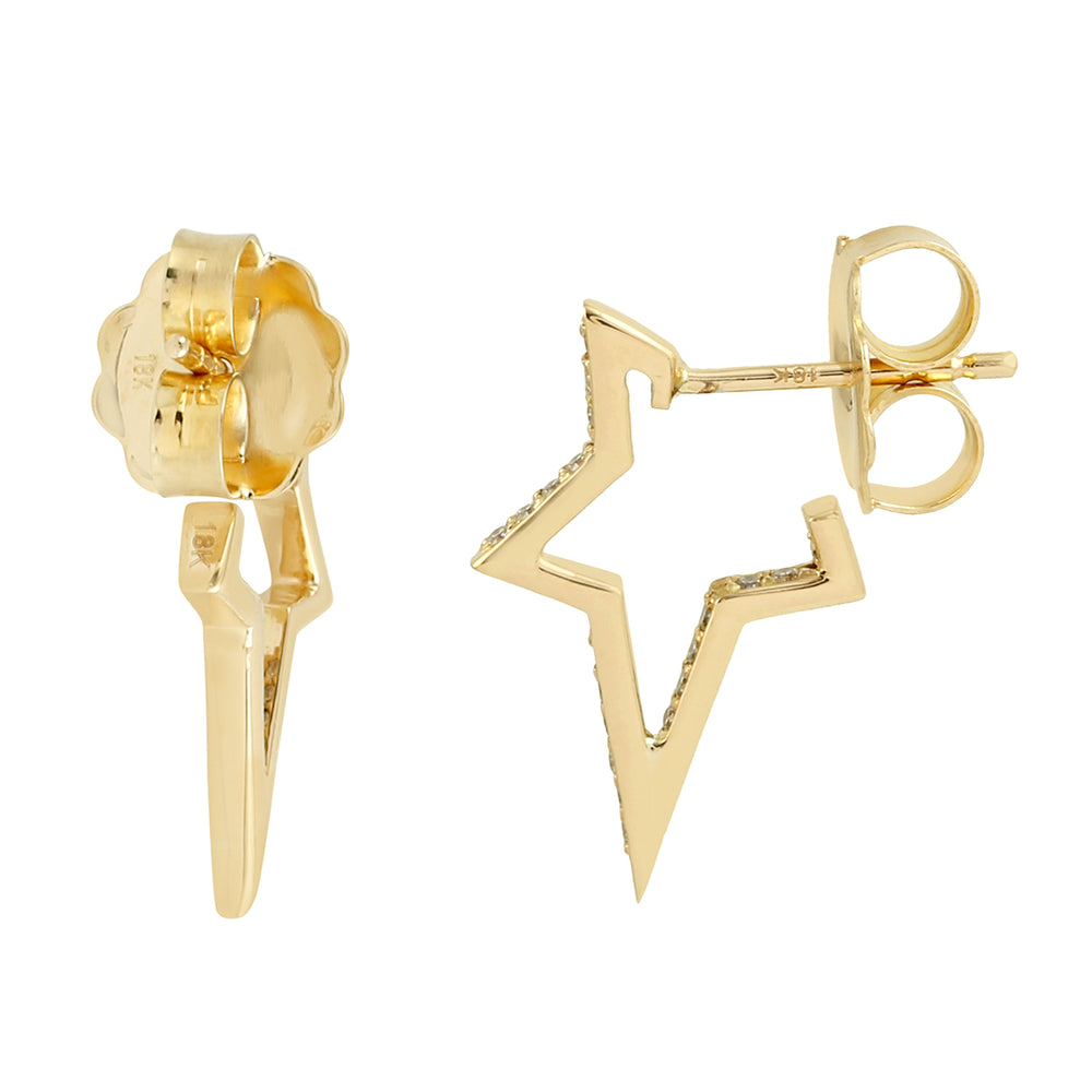 18K Solid Yellow Gold Pave Diamond Star Dangler Earrings For Her