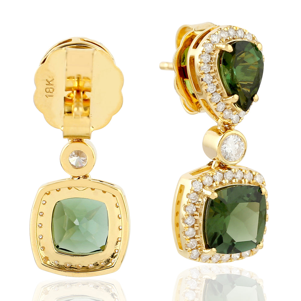 Faceted Green Tourmaline Diamond Drop Gem Danglers In 18k Yellow Gold For Women