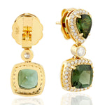 Faceted Green Tourmaline Diamond Drop Gem Danglers In 18k Yellow Gold For Women