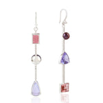 Tanzanite Tourmaline Pearl Chinese Pave Diamond Long Drop In White Gold Ear Hook Earrings