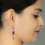 Carved Ruby Blue Topaz Iolite Pave Diamond Long Drop Ear Hook In 18k Rose Gold