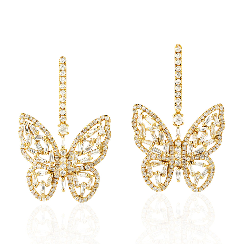 18K Yellow Gold Baguette Cut Diamond Butterfly Cluster Earrings For Women's