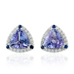 Blue Sapphire Trillion Tanzanite Diamond 18k White Gold Halo Stud Earrings For Her