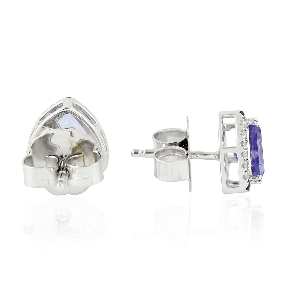 Blue Sapphire Trillion Tanzanite Diamond 18k White Gold Halo Stud Earrings For Her