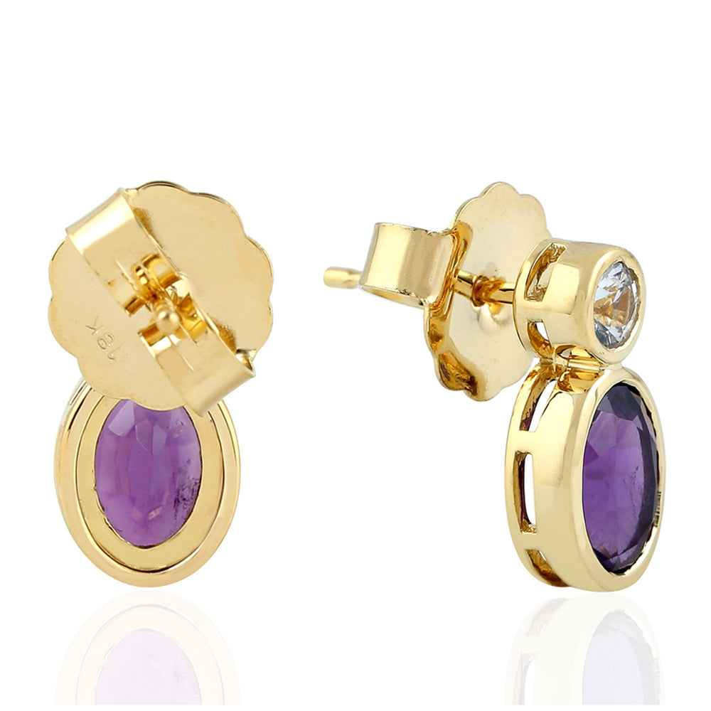 18K Yellow Gold Oval Cut Amethyst White Sapphire Dangle Earrings For Her