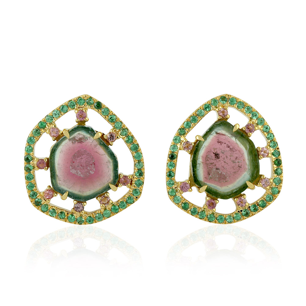 Natural Slice Tourmaline Melon Micro Pave Tsavorite Tourmaline 18K Yellow Gold Antique Earrings