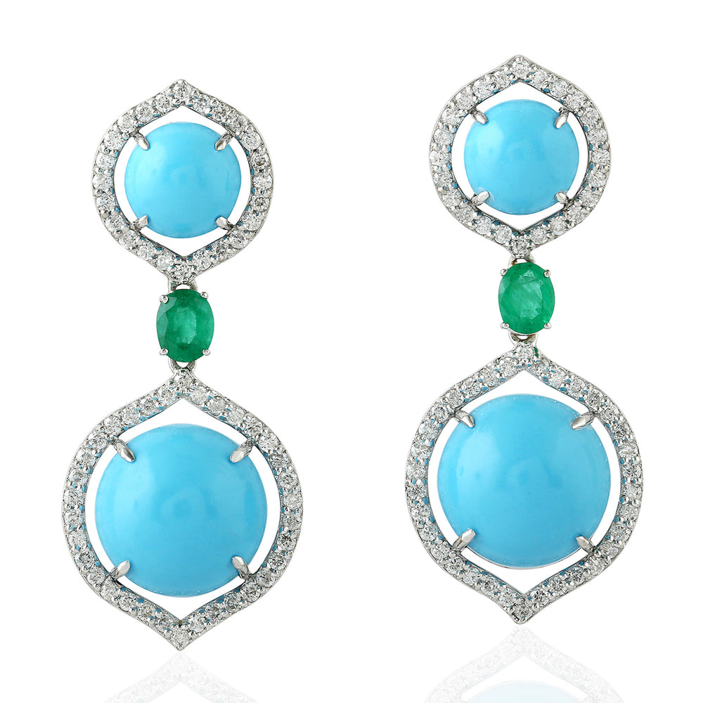 Faceted Emerald Prong Set Turquoise Pave Diamond 18k White Gold Designer Dangler For Women