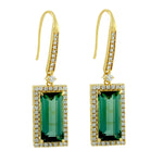 Baguette Cut green Tourmaline Pave Diamond Ear Hook In Yellow Gold For Women