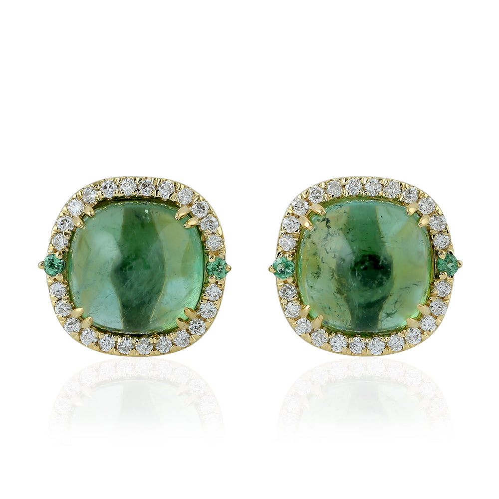 Cabochon Tourmaline Tsavorite Diamond Prong Set 18k Yellow Gold Stud Earrings