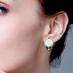 Marquise Blue Sapphire Opal Diamond Stud 18k Yellow Gold Ear Jewelry For Women