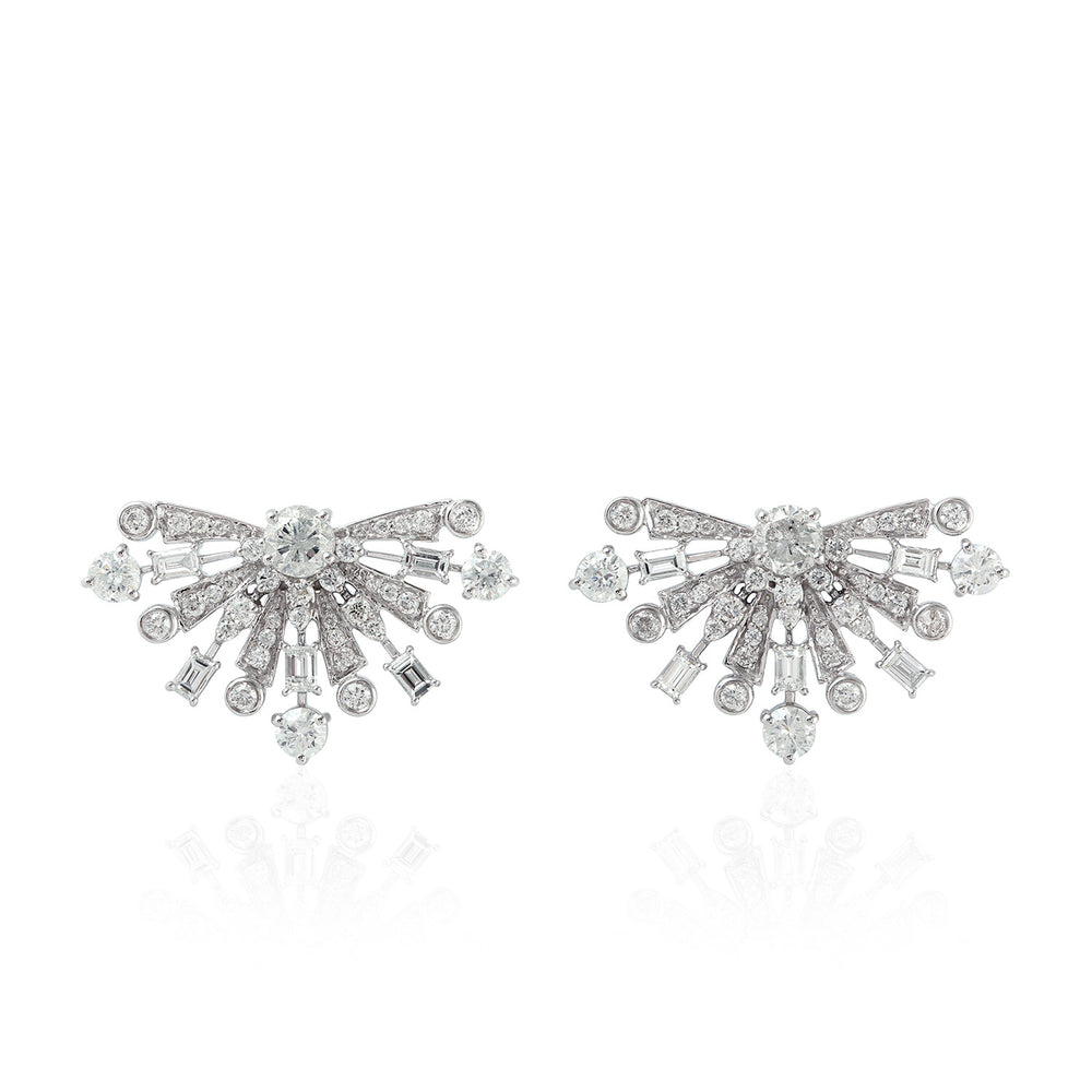 Baguette Diamond Half Sunburst Design Stud Earrings in White Gold Jewelry