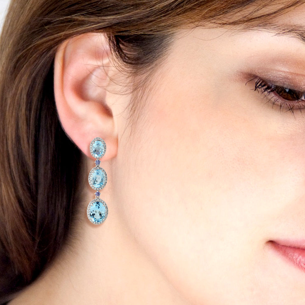 Oval Cut Blue Topaz Prong Set Tanzanite Pave Diamond Beautiful Dangler In White Gold