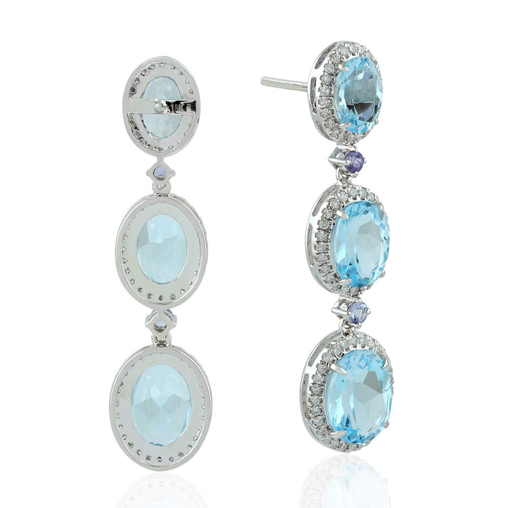 Oval Cut Blue Topaz Prong Set Tanzanite Pave Diamond Beautiful Dangler In White Gold