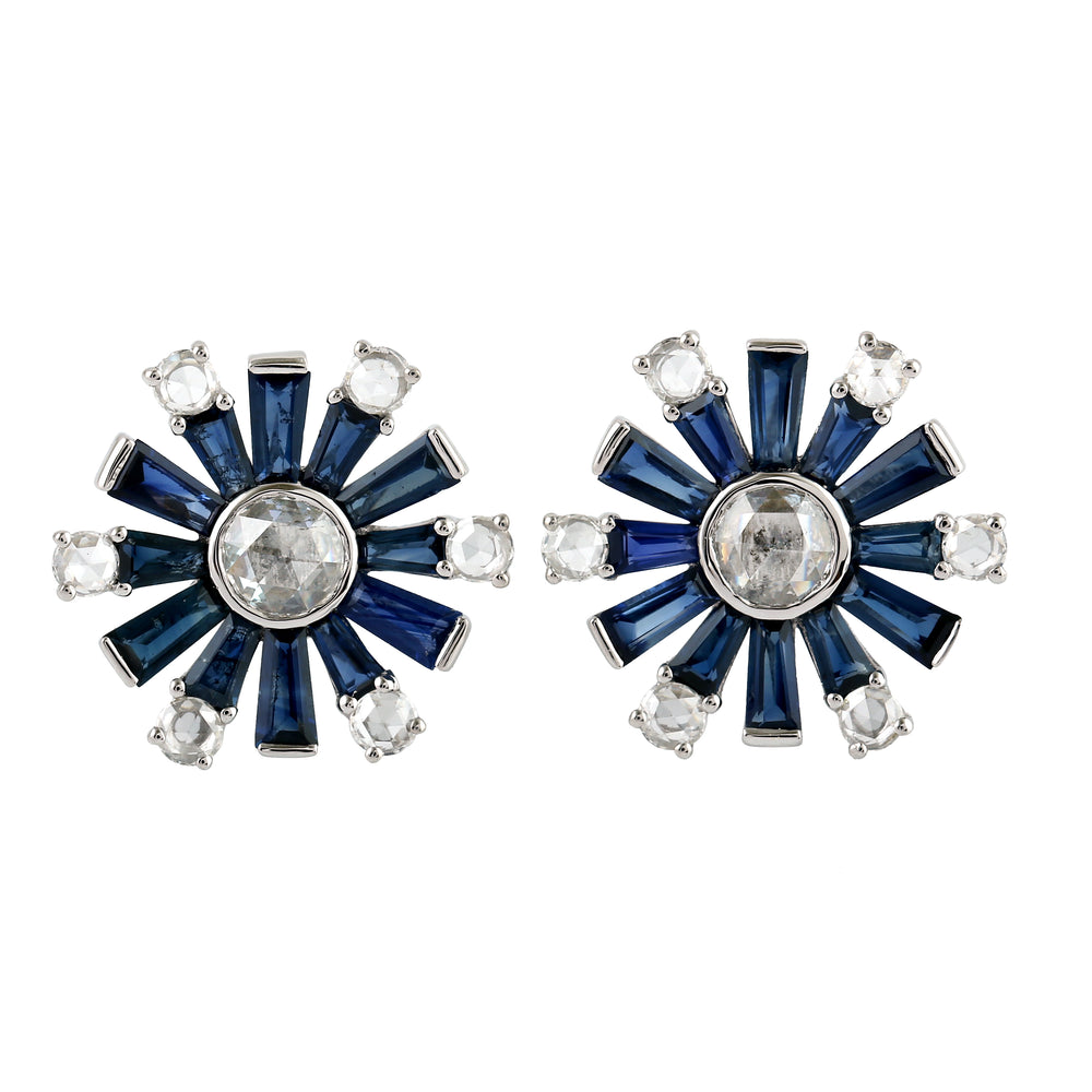 Tapered Baguette Sapphire Diamond Sun Burst Design Stud Earrings In 18k White Gold